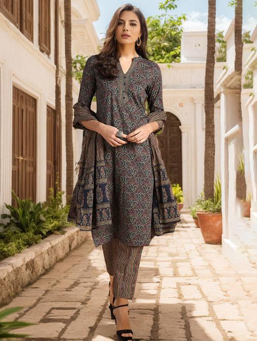 women blue mandarin neck kurta pant set with dupatta - 20829947 - Very Small Image - 1