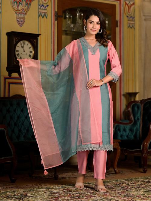 women pink v neck kurta pant set with dupatta - 20829991 - Very Small Image - 1
