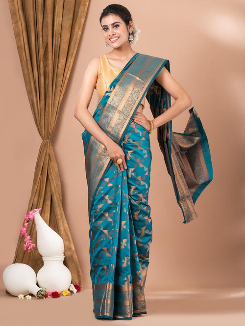 turquoise self design banarasi saree - 20830826 - Very Small Image - 1
