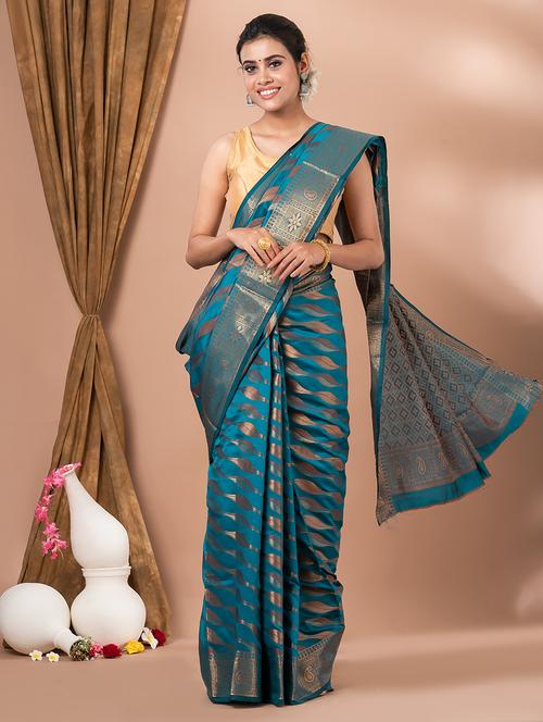 turquoise self design banarasi saree - 20830827 - Very Small Image - 1