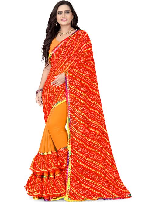 orange bandhani ruffle saree with blouse - 20830930 - Very Small Image - 1