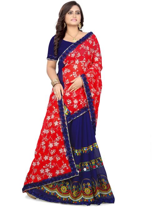 women blue embroidered floral printed saree with blouse - 20830952 - Very Small Image - 1