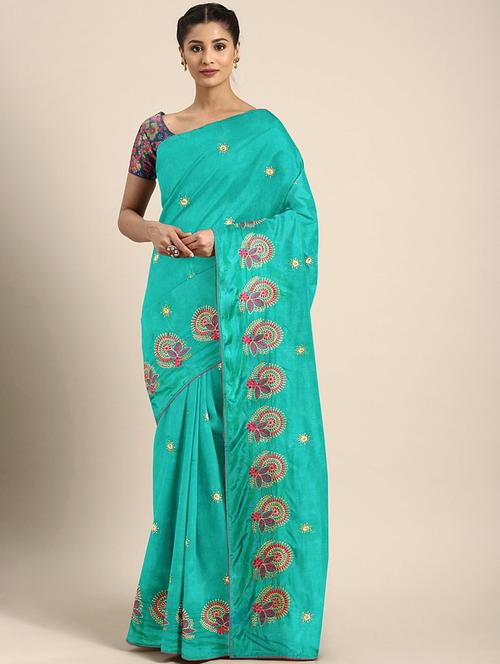 women turquoise embroidered saree with blouse - 20831054 - Very Small Image - 1