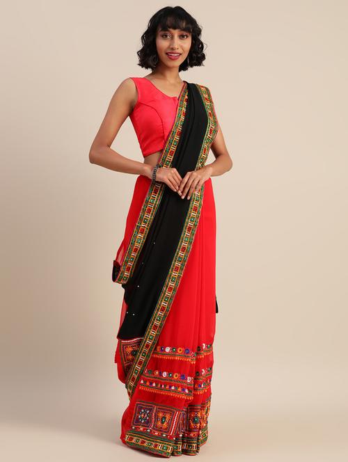 women red embroidered half & half saree with blouse - 20831072 - Very Small Image - 1