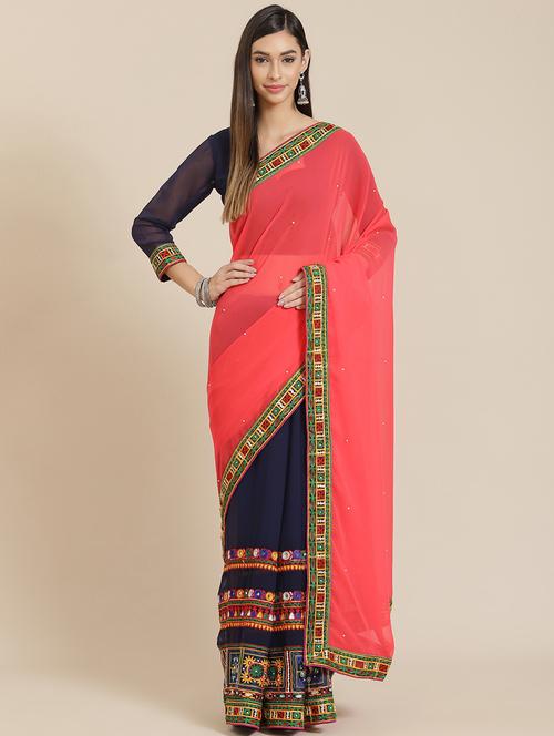 women navy blue embroidered half and half saree with blouse - 20831113 - Very Small Image - 1