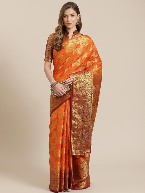 orange jacquard banarasi saree with blouse - 20831120 - Very Small Image - 1