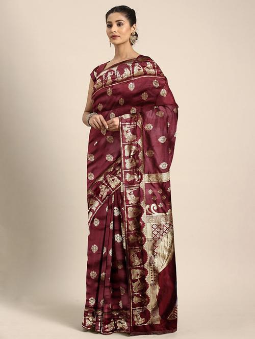 women maroon self design banarasi saree - 20831171 - Very Small Image - 1