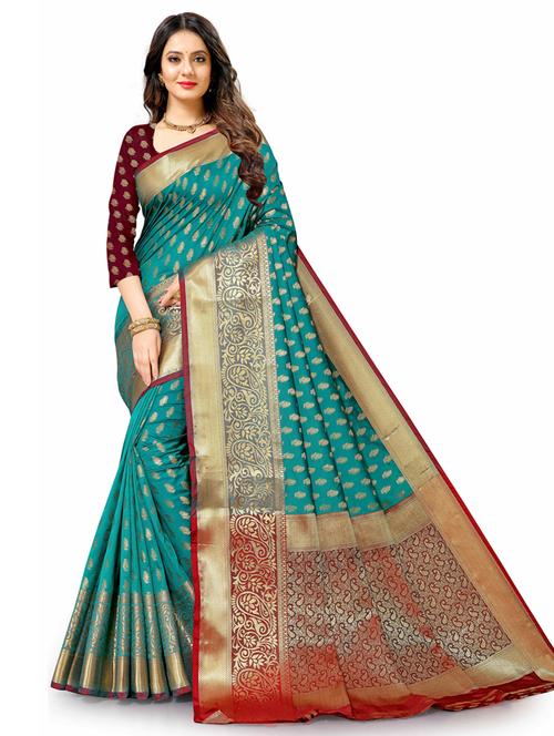 turquoise self design banarasi saree - 20831788 - Very Small Image - 1