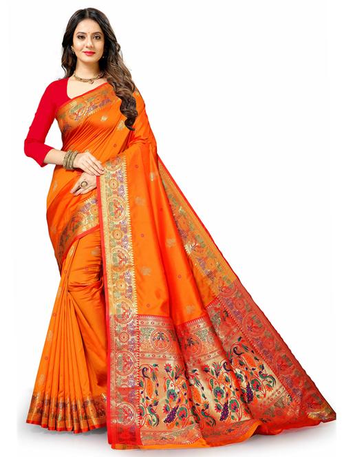 orange self design banarasi saree with blouse - 20831794 - Very Small Image - 1