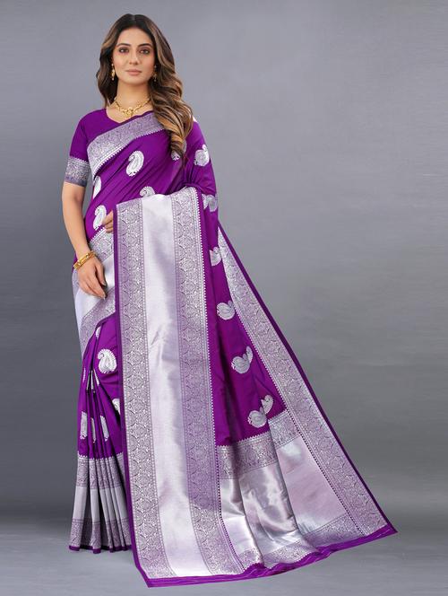 purple self design banarasi saree with blouse - 20831807 - Very Small Image - 1