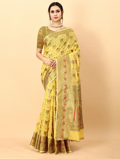 yellow self design banarasi saree with blouse - 20831822 - Very Small Image - 1