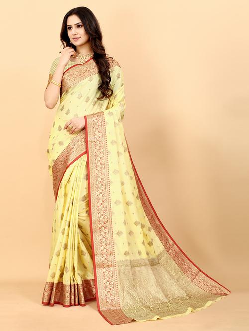 yellow self design banarasi saree with blouse - 20831828 - Very Small Image - 1