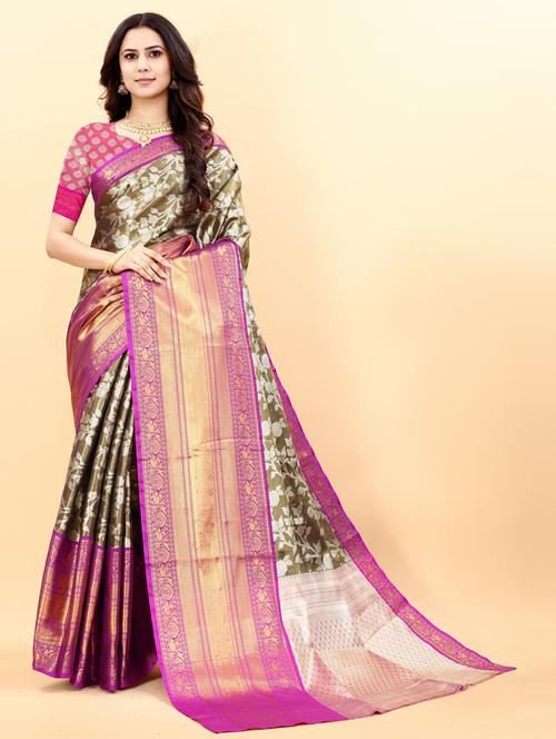 brown self design banarasi saree with blouse - 20831829 - Very Small Image - 1