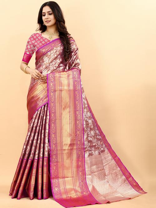 mauve self design banarasi saree with blouse - 20831832 - Very Small Image - 1