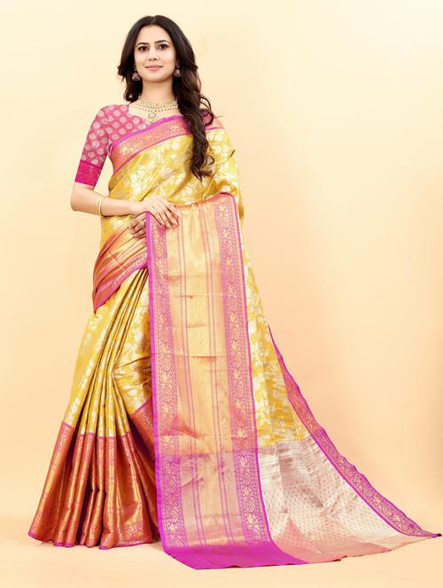 yellow self design banarasi saree with blouse - 20831835 - Very Small Image - 1