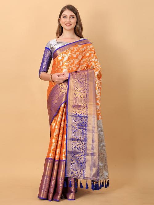 orange self design banarasi saree - 20831837 - Very Small Image - 1