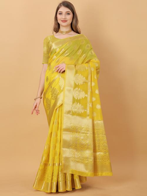 yellow self design banarasi saree with blouse - 20831849 - Very Small Image - 1