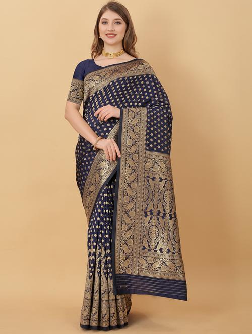 navy blue self design banarasi saree with blouse - 20831850 - Very Small Image - 1
