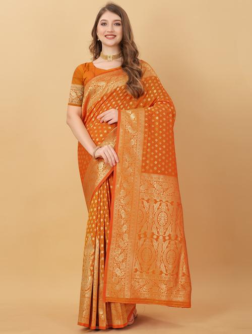 orange self design banarasi saree - 20831851 - Very Small Image - 1
