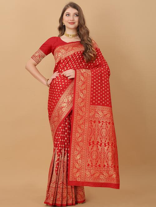 red self design banarasi saree with blouse - 20831854 - Very Small Image - 1