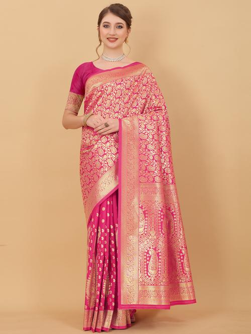 women pink self design banarasi saree with blouse - 20831860 - Very Small Image - 1