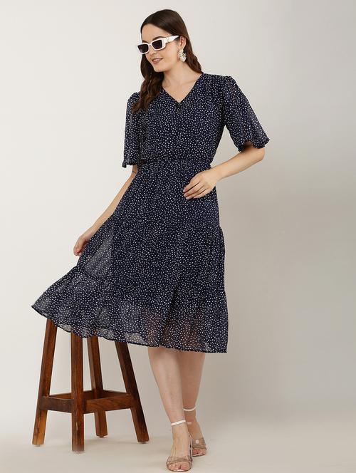 women navy blue printed fit & flare dress - 20832231 - Very Small Image - 1