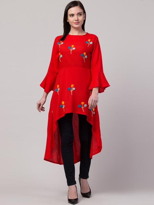 red embroidered detailed high low tunic - 20832303 - Very Small Image - 1