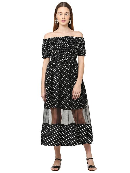 women black polka dot printed fit & flare dress - 20832343 - Very Small Image - 1