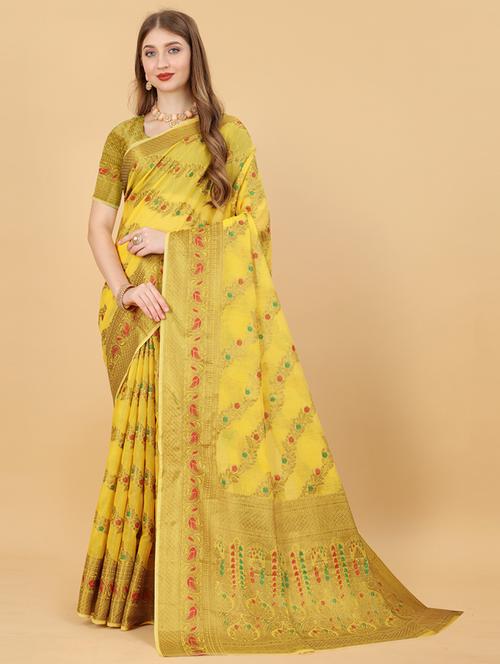 yellow self design banarasi saree - 20836909 - Very Small Image - 1