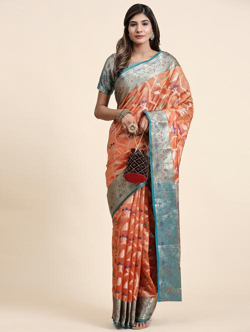 orange self design banarasi saree with blouse - 20836910 - Very Small Image - 1
