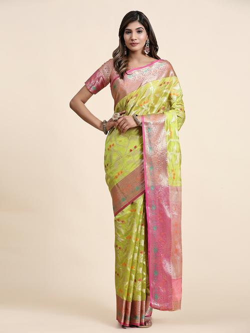 lime self design banarasi saree with blouse - 20836911 - Very Small Image - 1
