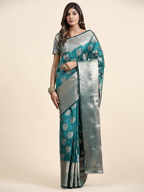 turquoise self design banarasi saree - 20836934 - Very Small Image - 1