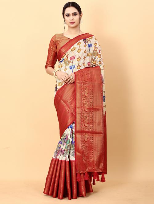 off white printed bordered saree with blouse - 20837969 - Very Small Image - 1