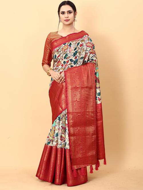 off white floral printed bordered saree with blouse - 20837970 - Very Small Image - 1