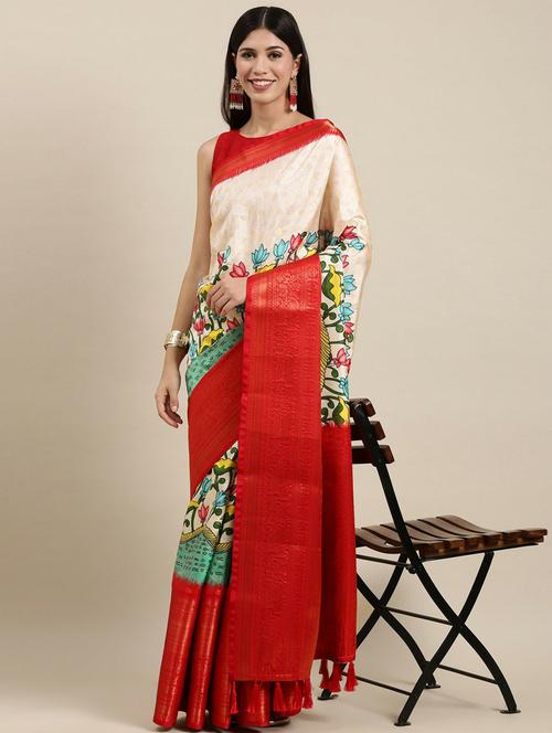 off white floral printed bordered saree with blouse - 20837975 - Very Small Image - 1