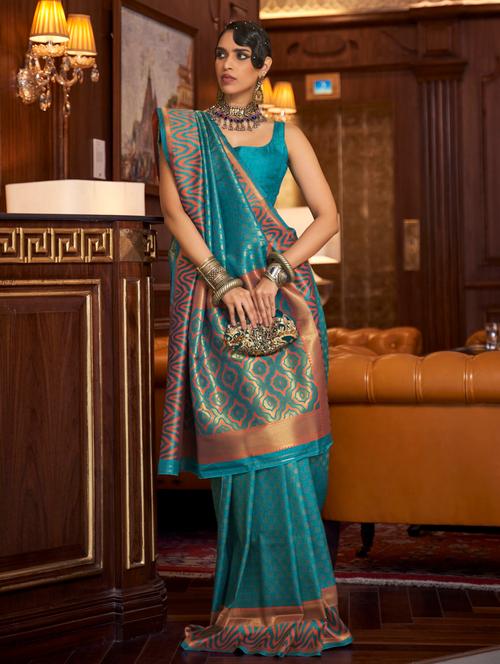 turquoise self design banarasi saree with blouse - 20847822 - Very Small Image - 1