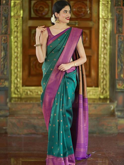 teal self design banarasi saree with blouse - 20848880 - Very Small Image - 1