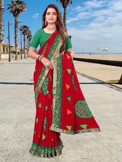 red bandhani printed saree with blouse - 20850626 - Very Small Image - 1