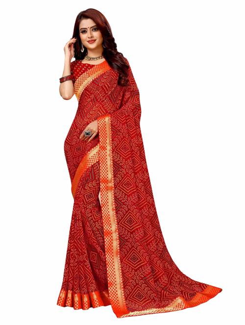 red bandhnai print saree with lace border - 20850634 - Very Small Image - 1