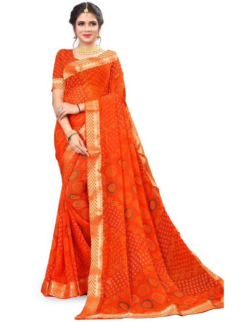 orange bandhani printed saree with blouse - 20850647 - Very Small Image - 1