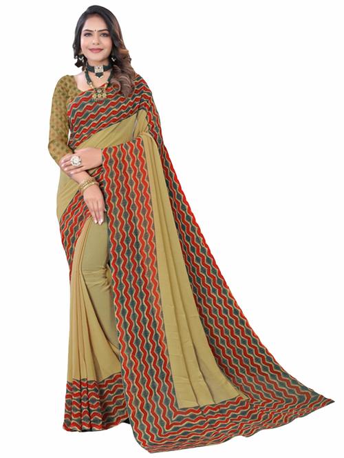 khaki georgette printed saree - 20850657 - Very Small Image - 1
