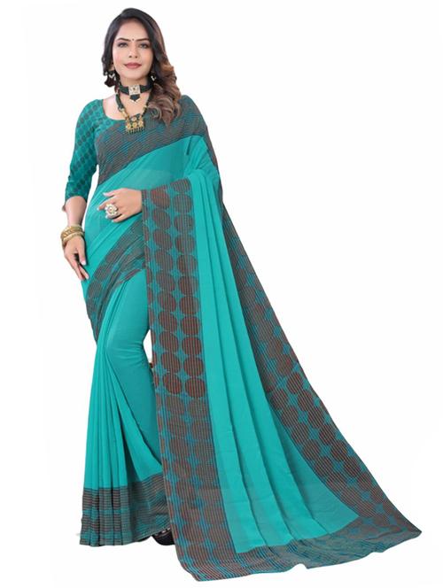 turquoise printed saree with blouse - 20850659 - Very Small Image - 1
