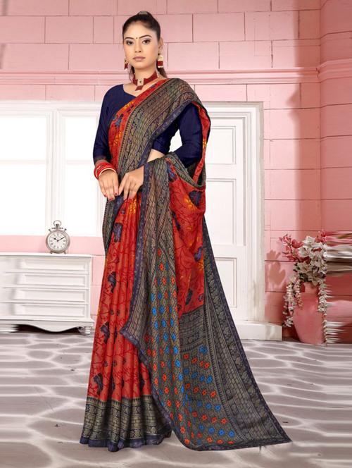 orange floral printed saree with blouse - 20850663 - Very Small Image - 1