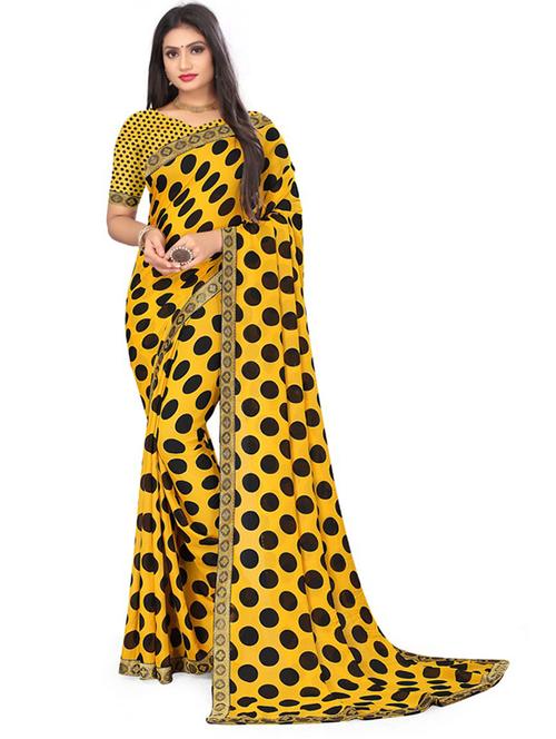 yellow polka dot printed saree with blouse - 20850694 - Very Small Image - 1