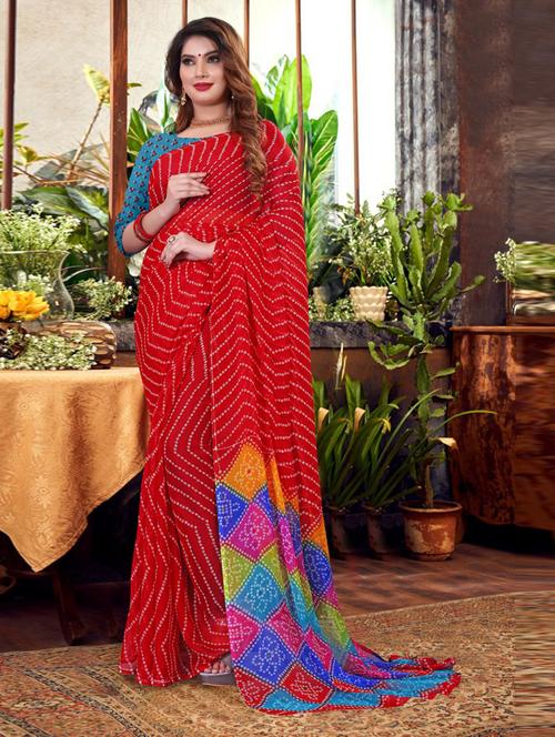 red bandhani printed saree with blouse - 20850742 - Very Small Image - 1