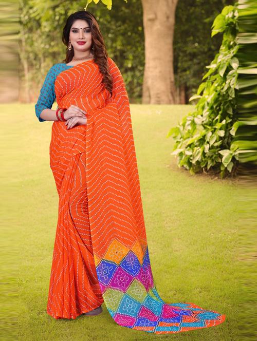 orange bandhani printed saree with blouse - 20850743 - Very Small Image - 1