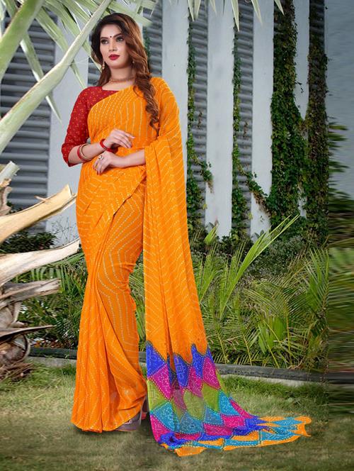 yellow bandhani printed saree with blouse - 20850746 - Very Small Image - 1