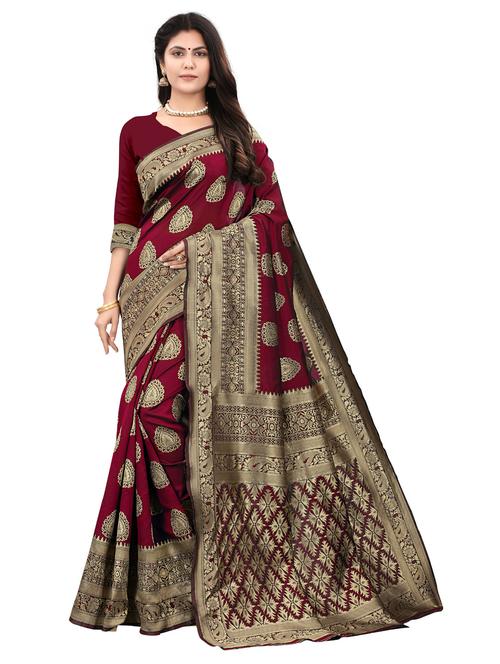women maroon self design kanjivaram saree with blouse - 20851283 - Very Small Image - 1