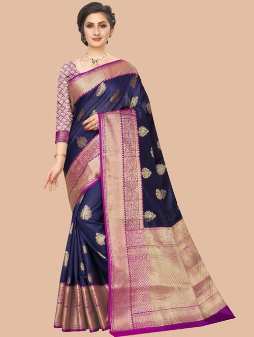 navy blue silk kanjivaram saree with blouse - 20851358 - Very Small Image - 1
