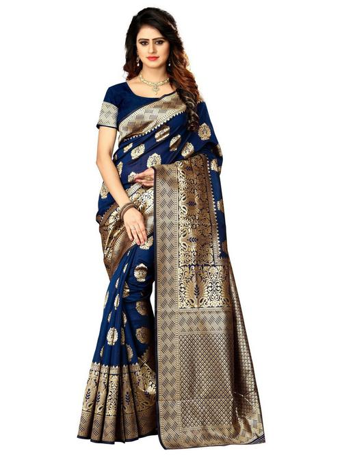 women blue self design kanjivaram saree with blouse - 20851526 - Very Small Image - 1